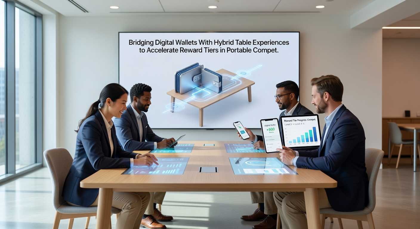 Mobile player advancing through reward tiers via hybrid table and digital wallet during a portable competition
