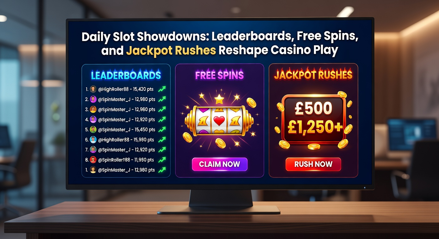 Vibrant digital leaderboard displaying top slot players in a heated daily showdown, with spinning reels and jackpot counters in the background
