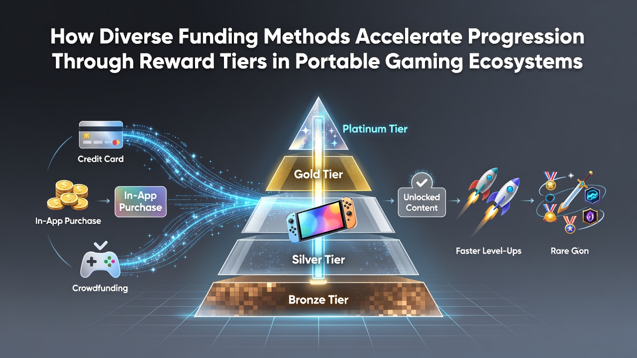 Mobile gamers advancing through reward tiers on portable devices using multiple payment options