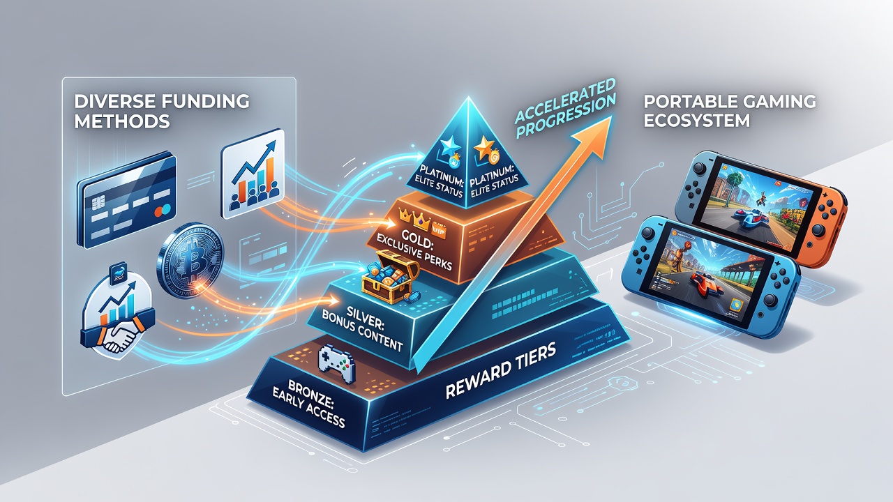 Diverse funding methods displayed on a portable gaming interface showing tier progression
