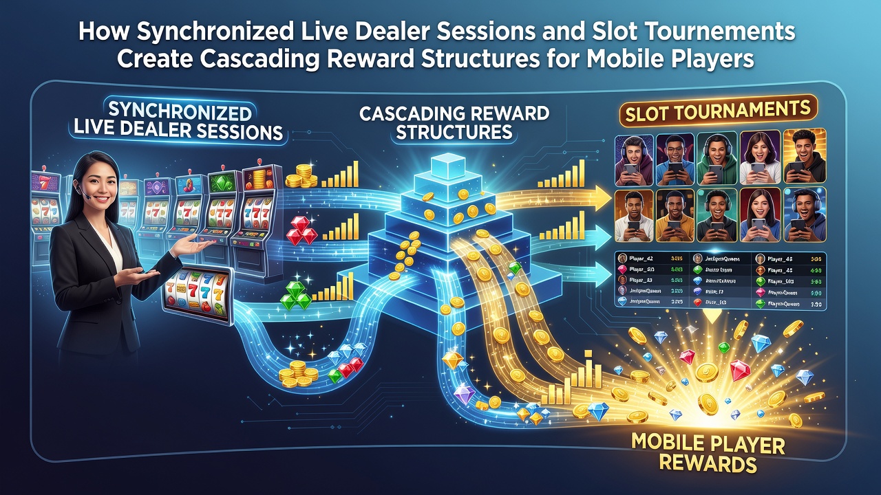 Mobile players engaging with synchronized live dealer sessions alongside slot tournament interfaces on smartphones