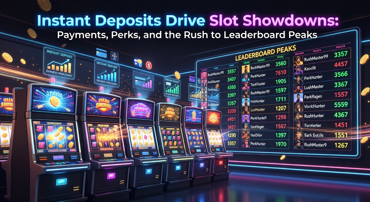 Dynamic slot machine leaderboard displaying top players in a heated tournament, with glowing jackpot counters and instant deposit icons highlighting quick entry