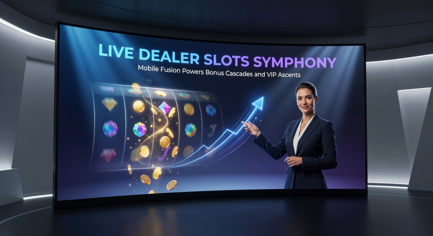Mobile phone screen showing cascading slot symbols with a live dealer in the background, VIP badge glowing amid bonus multipliers