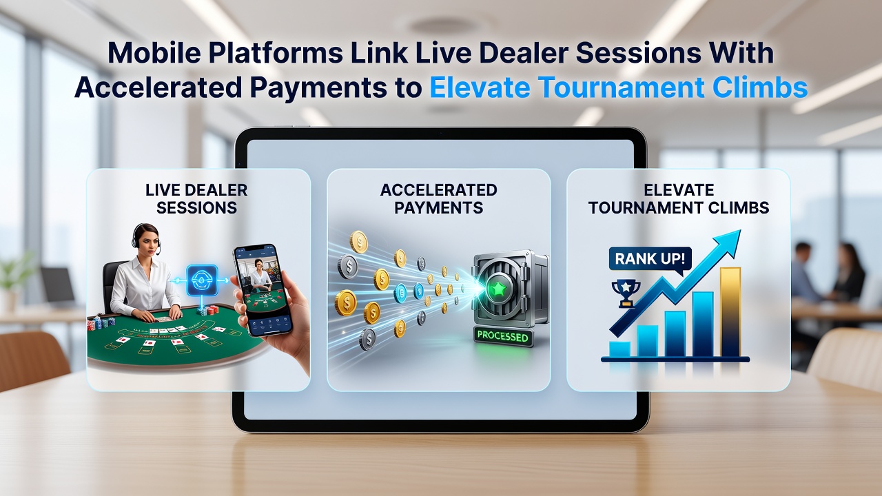 Player dashboard displaying combined live dealer session, instant payment status, and rising tournament rank
