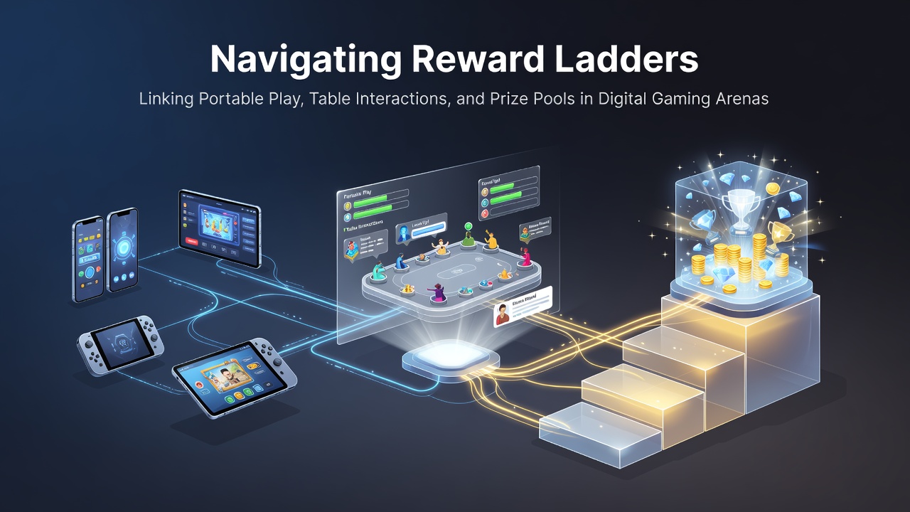 Illustration of interconnected mobile devices, digital table interfaces, and accumulating prize pools in a virtual gaming arena