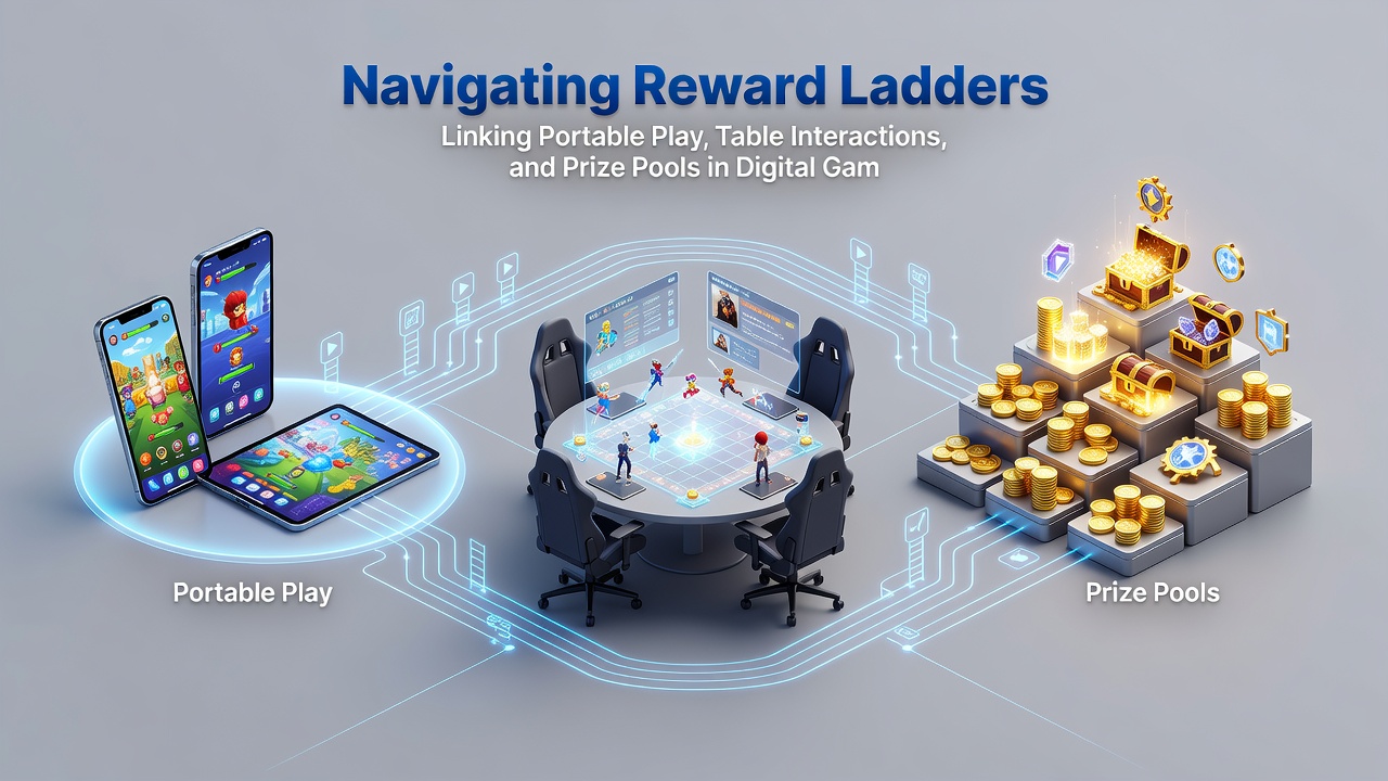 Digital interface showing mobile progress bars feeding into live table rankings and a growing community prize pool