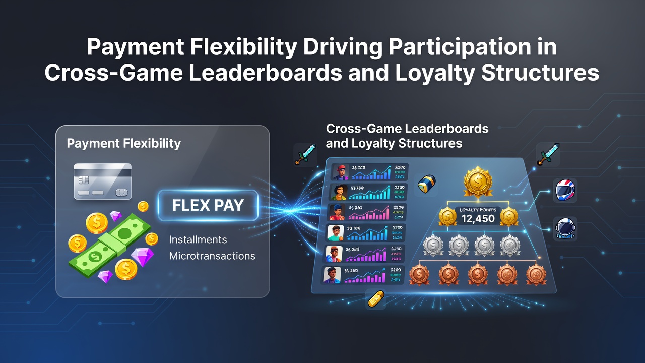 Illustration of seamless payment flows connecting various casino games to unified leaderboards and loyalty tiers