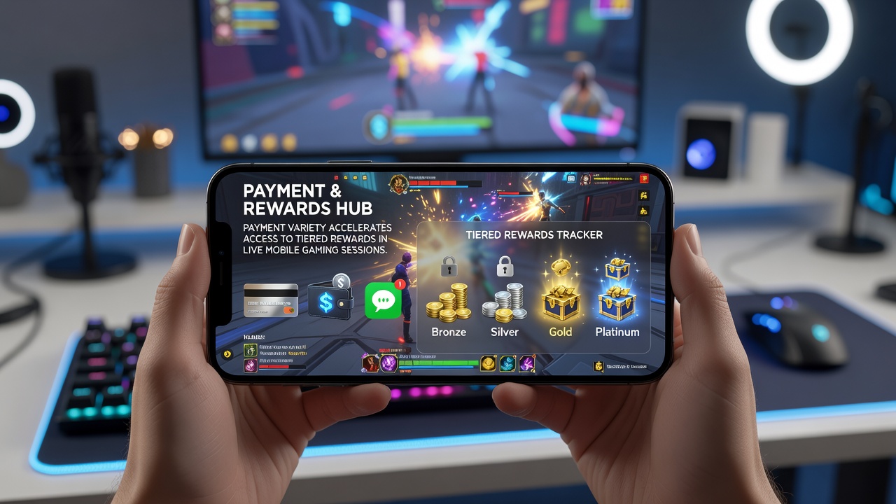 Live mobile gaming screen showing tiered rewards dashboard alongside multiple payment method icons