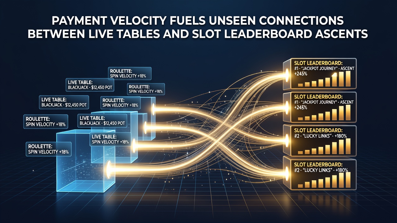 Casino floor showing interconnected live dealer tables and slot machines with digital payment interfaces highlighted