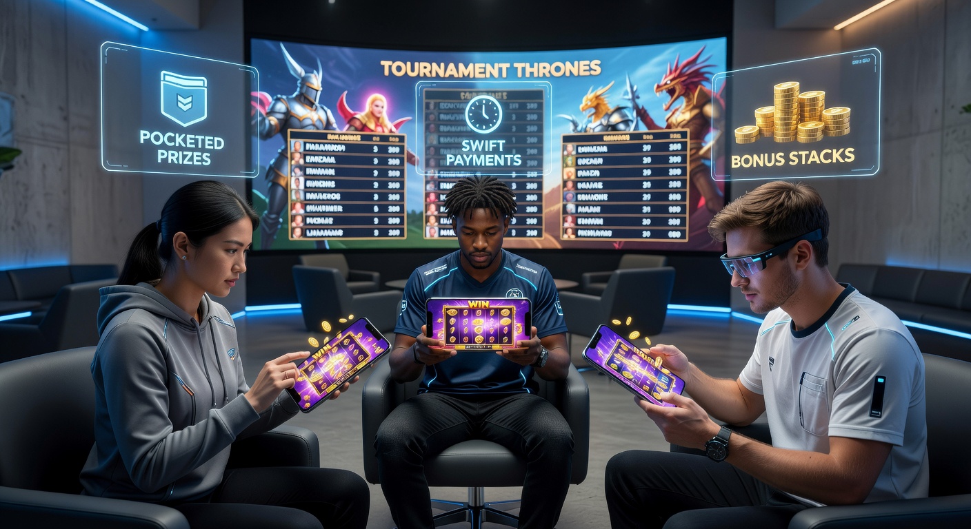 Mobile slot player celebrating a tournament win on smartphone screen with cascading bonuses and swift payment icons