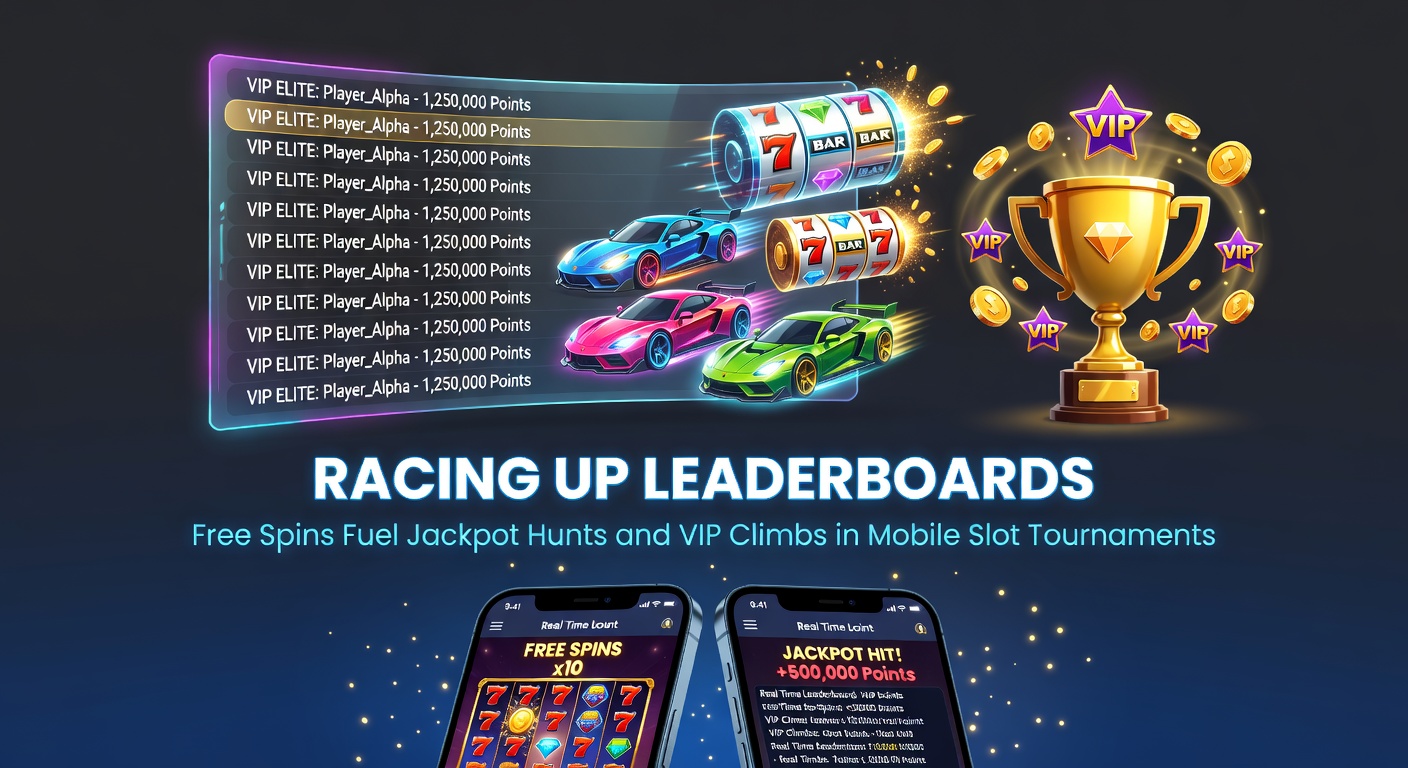 Mobile slot tournament leaderboard showing players racing for top spots with free spins icons and jackpot symbols glowing brightly