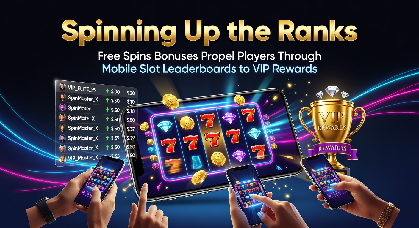 Mobile slot players celebrating leaderboard climb with free spins bonuses leading to VIP rewards