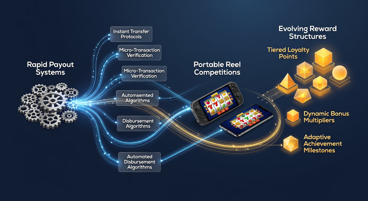 Illustration of mobile slot interfaces showing rapid payout notifications and evolving reward tiers on portable devices