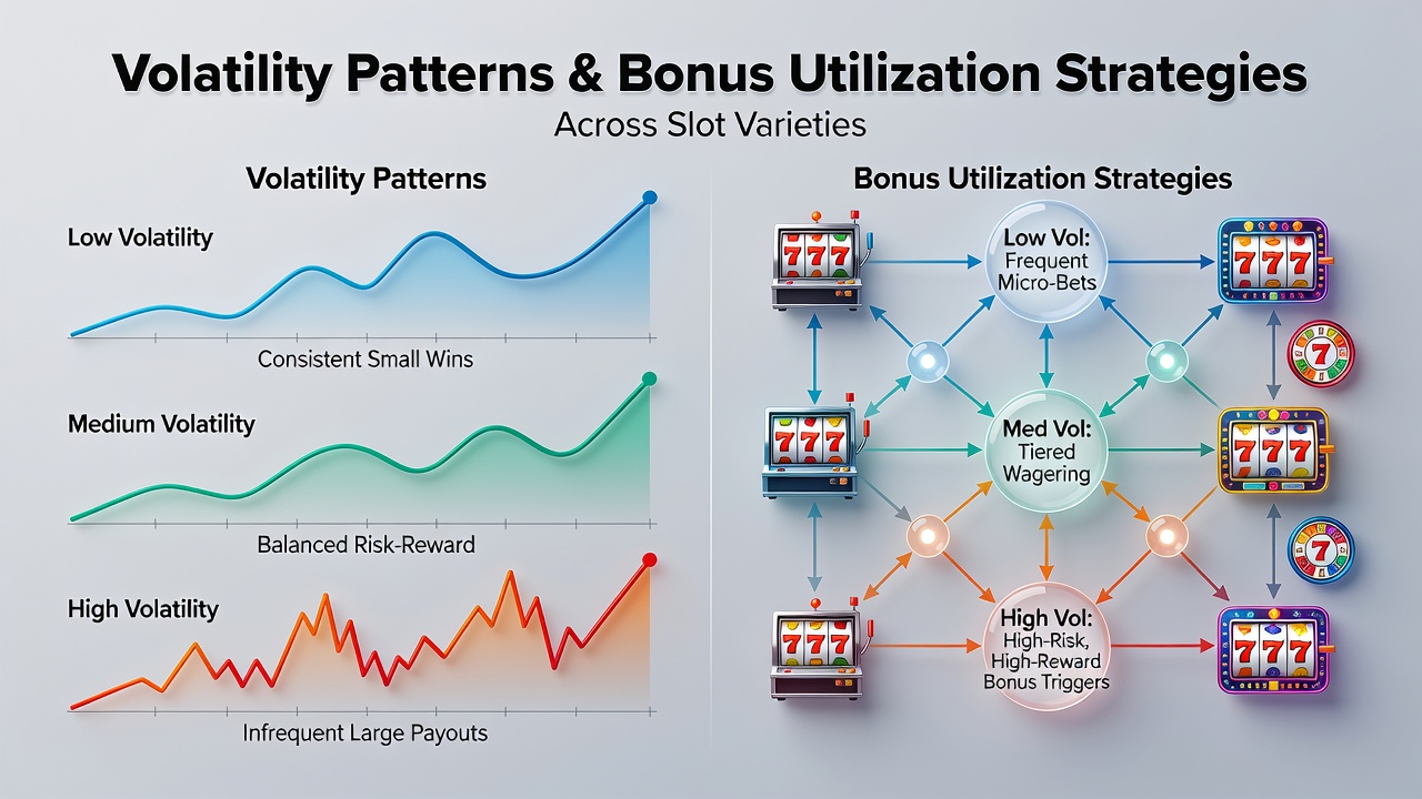 Diagram showing volatility patterns across different slot machine varieties and how they affect bonus utilization