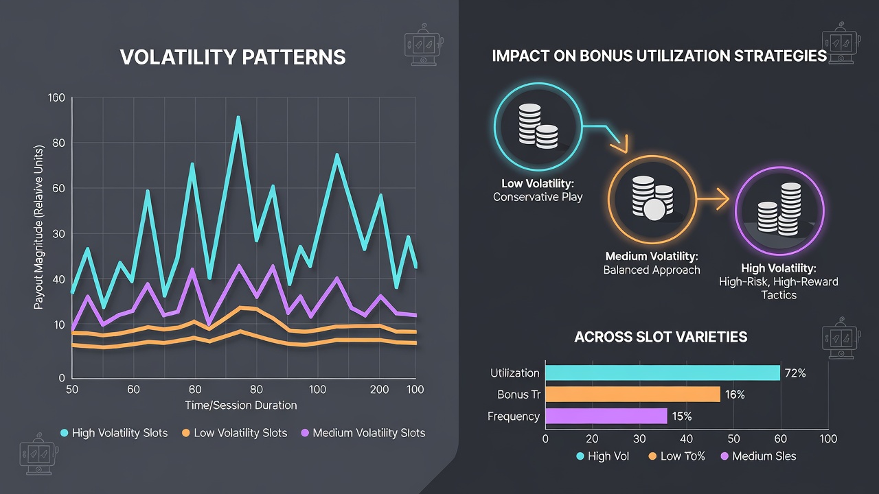 Infographic illustrating bonus utilization strategies matched to low, medium, and high volatility slot categories